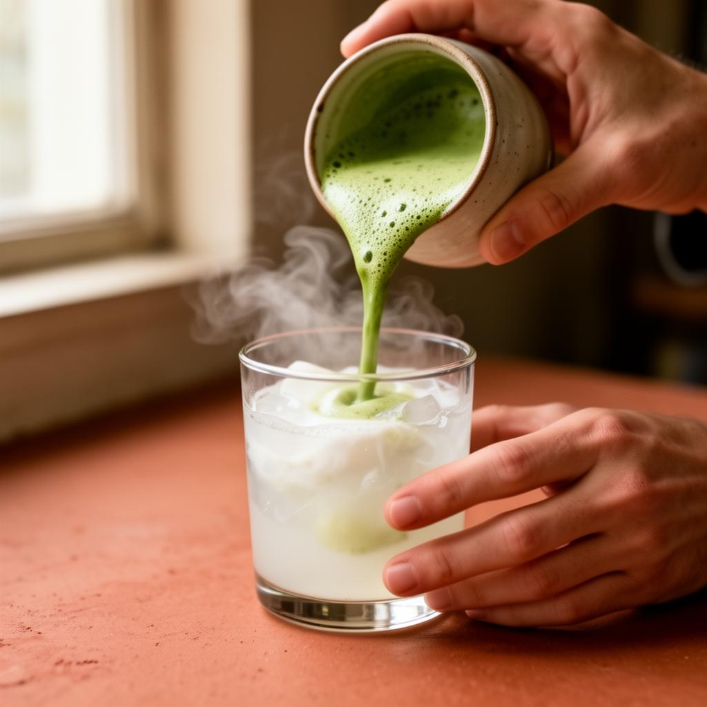 Príprava Matcha Cloud — matcha pena a kokosová voda