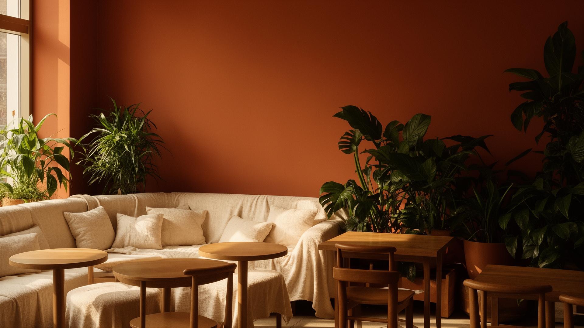 Interiér NAYA s teplými terakotovými stenami a krémovými textíliami